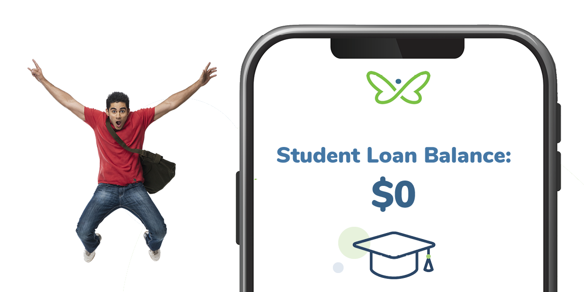 Young man jumping for joy beside a large mobile phone displaying $0 in student debt