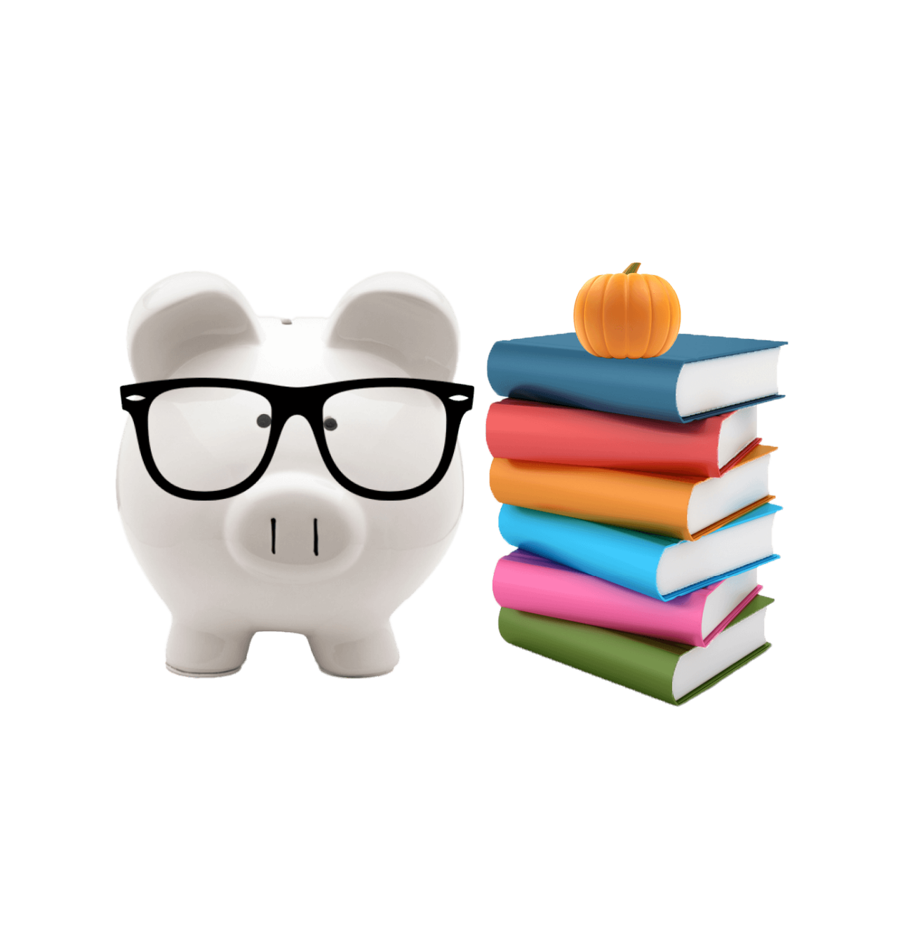  A piggybank with glasses standing beside school books and a pumpkin