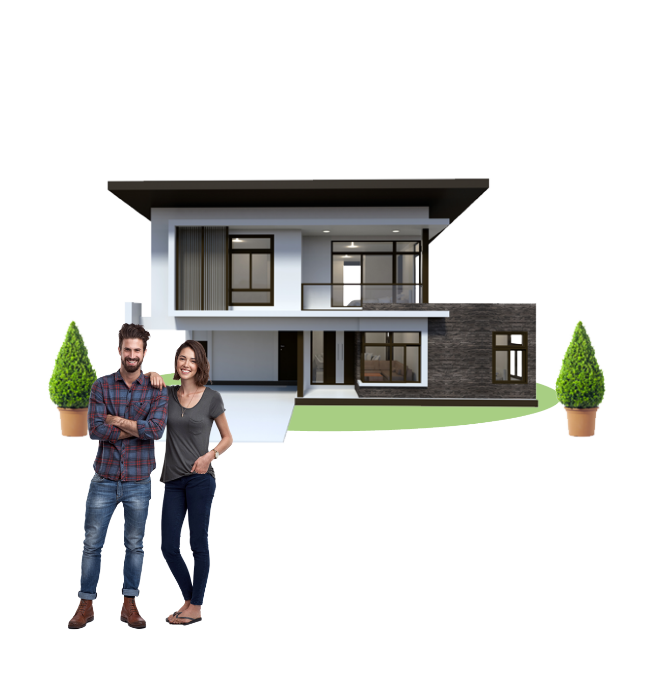 Happy couple standing in front of new home