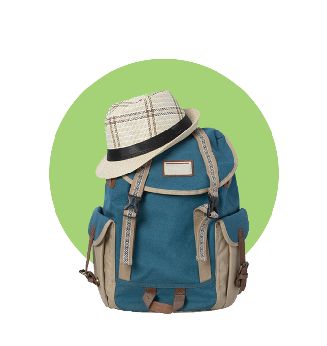 A backpack with a hat resting on it