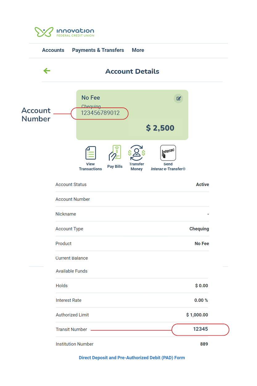 Online banking shot of account number and transit number location